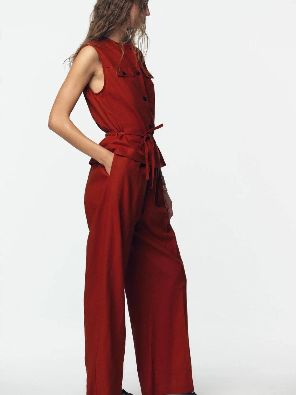 Zara Rust Red linen Sleeveless Wide-Leg Jumpsuit playsuit with Tie Waist